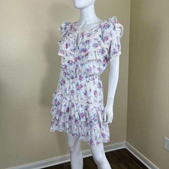 Fanco Women Size M White Floral Ruffle Tiered Crochet Cotton Mini Dress Pullover - Picture 15 of 15